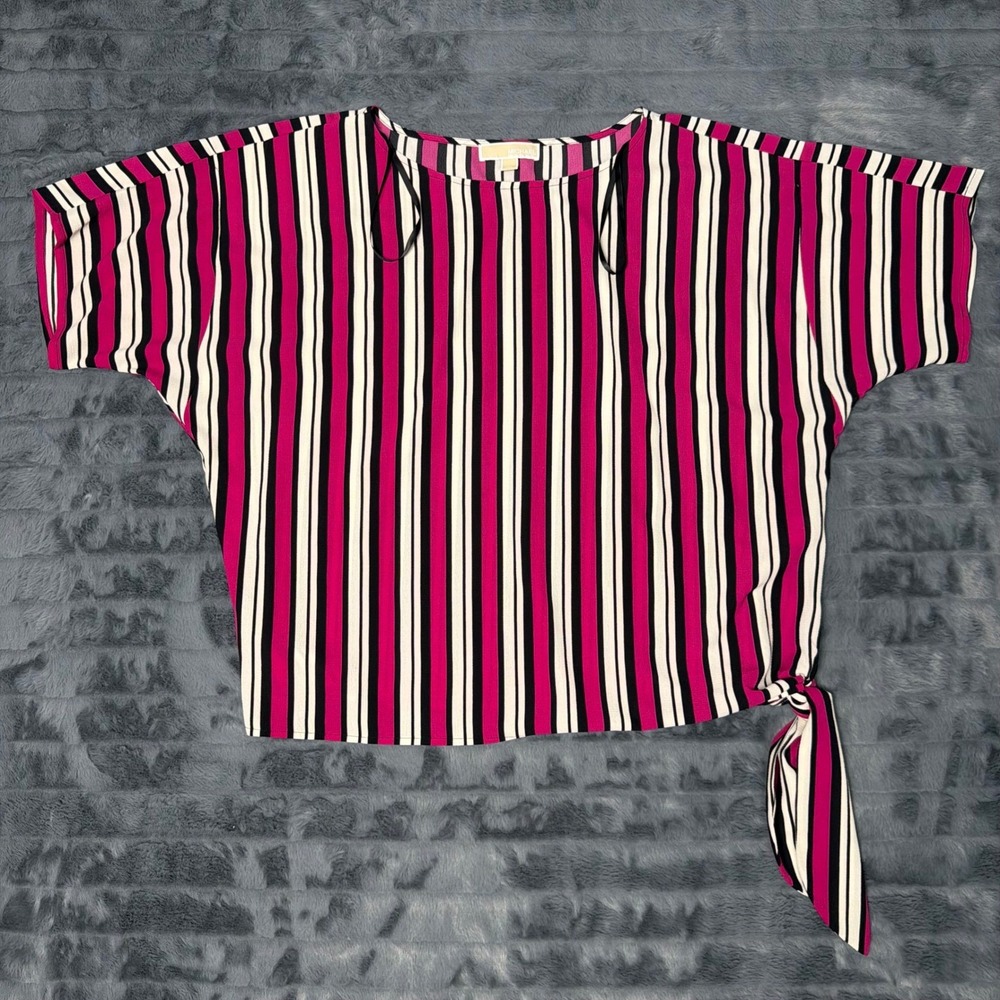 Michael Michael Kors Pink Black White Striped Side Tie Blouse Top Large